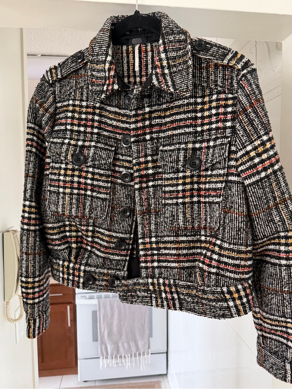 Free People Cropped Plaid Tweed Jacket - Black Multi